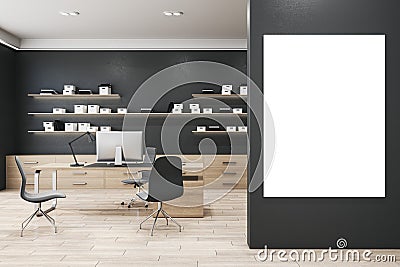 Modern wooden and concrete office interior with empty white mock up banner on wall, furniture, bookshelves with books. Work and Stock Photo