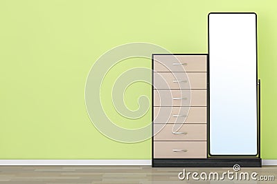 Modern Wooden Dresser with Mirror. 3d Rendering Stock Photo