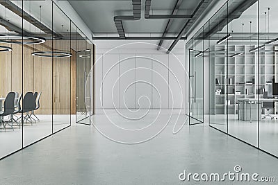 Modern wooden, glass and concrete office interior with daylight. Stock Photo