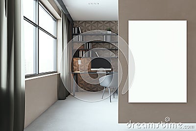 Modern wooden home office interior with blank white mock up poster, workplace, window with curtain and city view. computer monitor Stock Photo