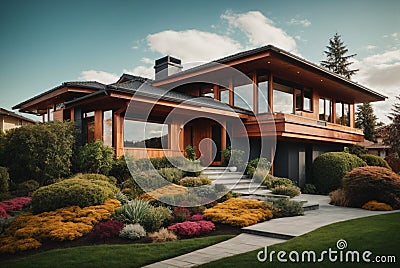 Modern wooden house with a beautiful landscaped garden in the autumn Stock Photo