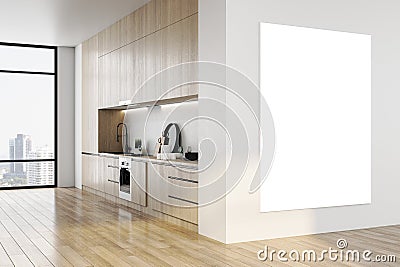 Modern wooden kitchen interior with empty mock up banner on wall, panoramic city view, furniture and reflections on floor. Luxury Stock Photo