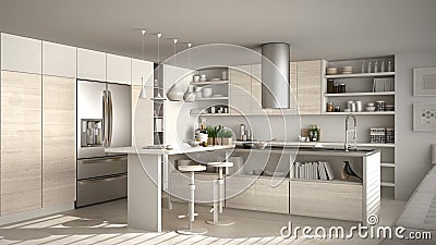 Modern wooden kitchen with wooden details, white minimalistic in Stock Photo