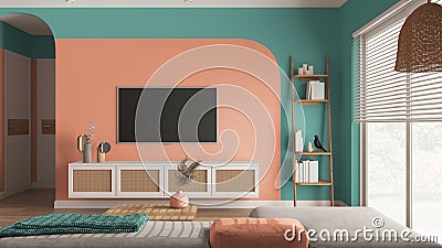 Modern wooden living room in turquoise and orange tones, velvet sofa with side table, rattan commode with television, ladder Stock Photo