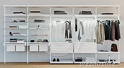 Modern wooden and metal wardrobe with men clothes hanging on rail in walk in closet design interior Stock Photo