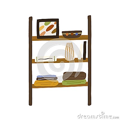 Modern wooden shelf for home items storage. Trendy furniture with vases, pots, pictures, books for living room interior Vector Illustration