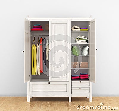 Modern wooden wardrobe with clothes hanging on the rail Cartoon Illustration