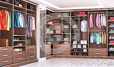 Modern wooden wardrobe with clothes hanging on rail in walk in closet design interior. Cartoon Illustration