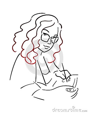 Modern working woman. curly Girl in glasses. Artist with a stylus. Student in class. Bright gradient hair. Lefty. Vector Vector Illustration