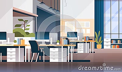 Modern workplace cabinet room office interior empty nobody coworking space flat horizontal Vector Illustration