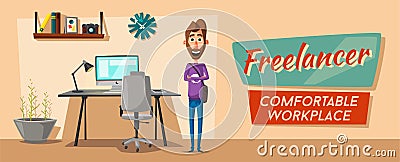 Modern workplace. Creative character. Office work. Cartoon vector illustration Vector Illustration