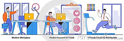 Modern Workplace, Health-Focused Iot Desks, and Fitness-Focused Lifestyle Illustrated Pack Vector Illustration