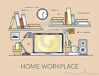 Modern workplace in office. Cozy home office interior. Home workplace Vector Illustration