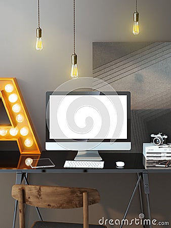 Modern workspace with computer and bulbs Stock Photo