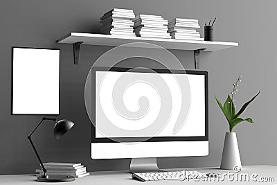Modern workspace, computer screen and frame mock up. 3D Stock Photo