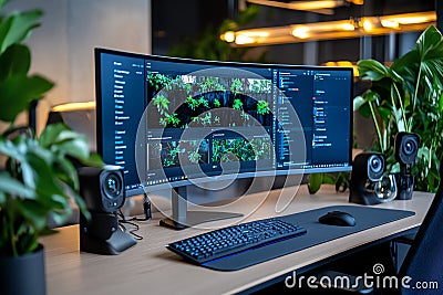 Modern workspace with a curved monitor displaying coding software, surrounded by green plants and tech accessories Stock Photo