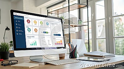 modern workspace featuring computer displaying user friendly cargo management software interface. desk is organized with Stock Photo