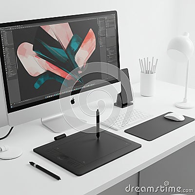 Modern workspace featuring a desktop computer displaying digital artwork with Stock Photo