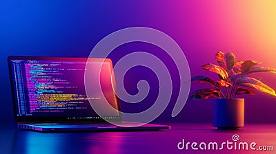 High-Tech Laptop with Code Snippets and Web Development Tools Stock Photo