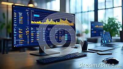 modern workspace featuring multiple monitors displaying data analytics and graphs, showcasing collaborative environment for data Stock Photo