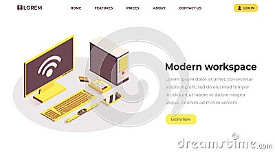 Modern workspace isometric landing page template. Internet of things, wifi wireless connection, telecommunication system Vector Illustration