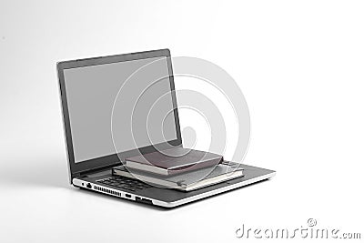 Modern workspace with laptop keyboard, notebook, spectacles on white background Stock Photo