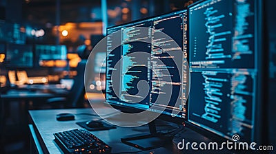 Modern Workspace with Programming Code on Multiple Monitors Stock Photo