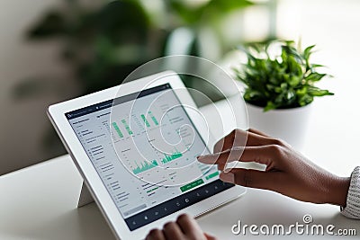 Modern workspace scene with individual using tablet for data visualization and analysis Stock Photo