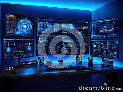Modern workstation with multiple screens displaying data visualizations in a dark room Stock Photo