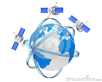 Modern World Global Navigation Satelite in Eccentric Orbits around the Earth Globe. 3d Rendering Stock Photo