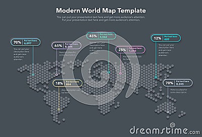 Modern world map template with colorful pointer marks and statistics - dark version Vector Illustration