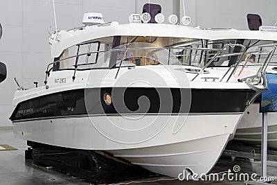 Modern yacht in the exhibition Crocus Expo in Moscow. Editorial Stock Photo