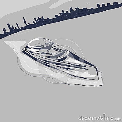 Modern yacht sailing in sea on background of night city vector Vector Illustration