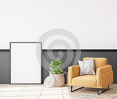 Close up of Modern yellow armchair in trendy design. Stylish grey living room. Retro style, home decor. Stock Photo