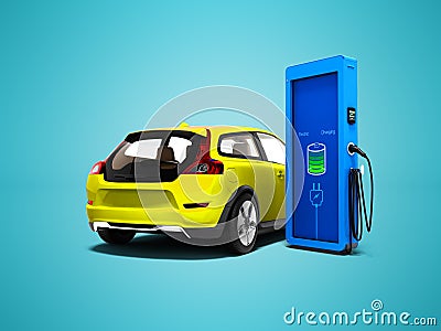 Modern yellow electric car with column for refueling electricity Stock Photo