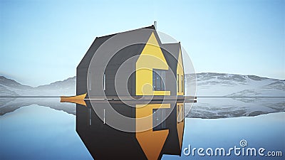 Modern Yellow Lakeside Wooden Cabin Sunrise Norwegian Style Fisherman House Floating Cartoon Illustration