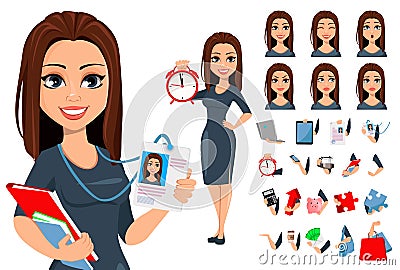 Modern young business woman in gray dress Vector Illustration