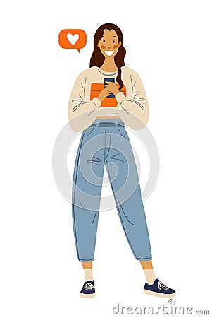 Modern young girl communicates on smartphone, gadget addiction concept, modern online work, chat with family and friends Vector Illustration