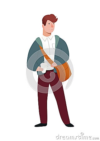 Modern young man with bag and coffee glass. Character illustration isolated on white background. Vector illustration. Vector Illustration