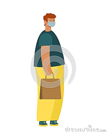 Modern young man stands with a paper bag in a medical mask. big legs, small head. vector Vector Illustration