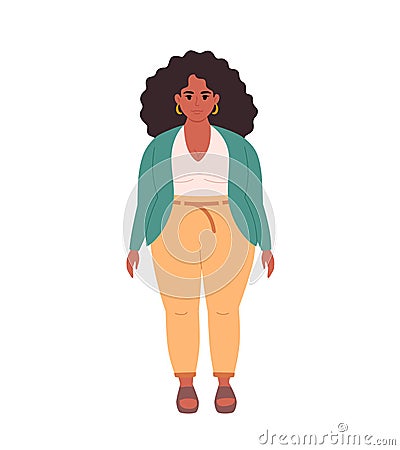 Modern young overweight black woman in casual outfit. Stylish fashionable look. Hand drawn vector illustration Vector Illustration