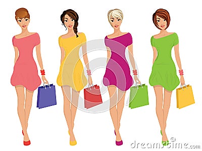 Modern Young Shopping Girls figures with sale fashion bags isolated illustration Cartoon Illustration