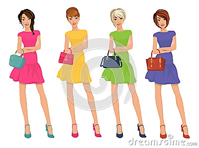 Modern Young Shopping Girls figures with sale fashion bags isolated vector illustration Vector Illustration