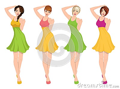 Modern Young Shopping Girls figures with sale fashion bags isolated vector illustration Vector Illustration