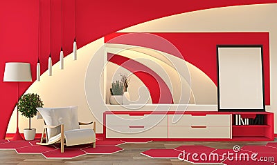 Modern zen style coral color living room. Peaceful and serene living room. decoration with oriental object and hidden light.3D Stock Photo