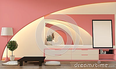 Modern zen style pink sakura living room. Peaceful and serene living room. decoration with oriental object and hidden light.3D Stock Photo