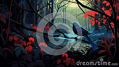 Modernism Illustration Of A Tranquil Blue Bird In The Forest Cartoon Illustration
