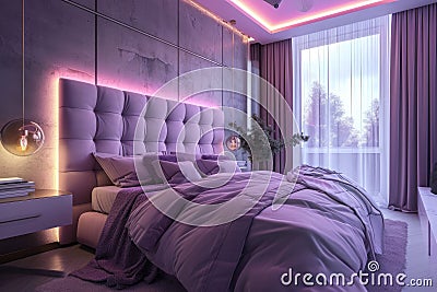 Modernist bedroom with purple lighting and contemporary furniture Stock Photo
