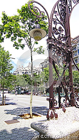 Modernist lamppost of Paseo de Gracia in Barcelona Editorial Stock Photo