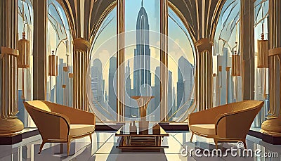 Modernistic interior with armchairs and large windows, view on skyscrapers behind window Stock Photo